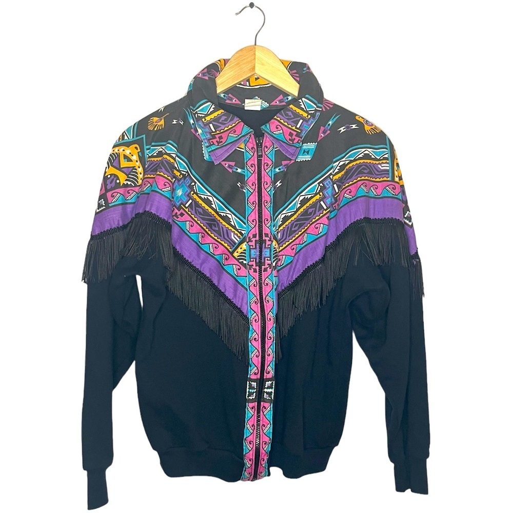 80’s Jacket Jade Inc Aztec Fringe Vintage Black Size Large